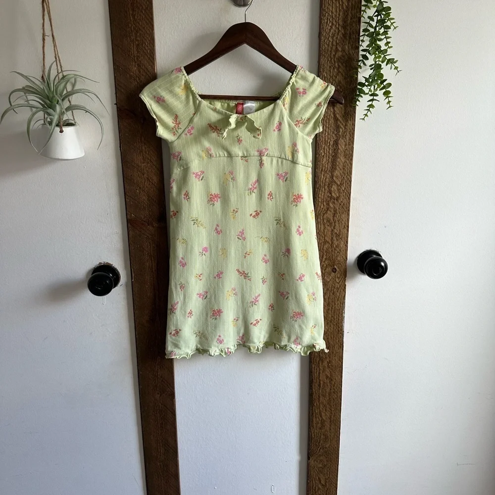 Vintage Gymboree Girl’s Peasant Front Floral Green Dress Pink Accents Size 6